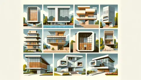 Collage of Bauhaus, International Style, Brutalism, and Mid-Century Modern architecture.