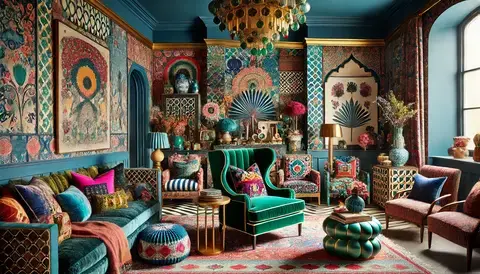 Maximalist living room with deep blue walls, patterned wallpaper, emerald armchair, and a chandelier.