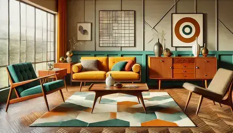 Mid-century modern living room with mustard yellow sofa, teak wood coffee table, and geometric rug.
