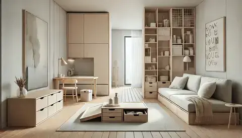 Minimalist apartment interior with multi-functional furniture and built-in storage solutions.