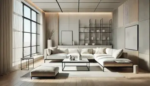 Minimalist living room with a white sectional sofa, black coffee table, floating shelves, and large windows.