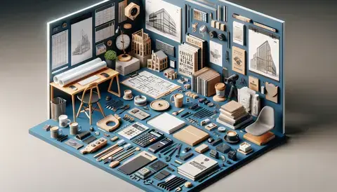 Modern workspace displaying various architectural items, including paper, coffee, decor, tools, and books.