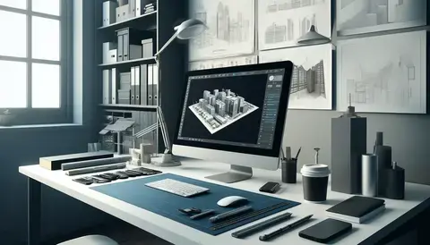Modern workspace with architectural products, computer showing design software, and shelves with books.