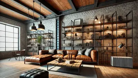 Modern industrial living room with exposed brick walls, leather sofa, wood coffee table, and metal accents.