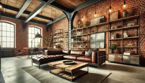 Modern industrial living room with exposed brick walls, leather sofa, wood coffee table, and metal accents.