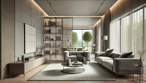Contemporary living room with gray sofa, glass coffee table, minimalist bookshelf, and large windows.