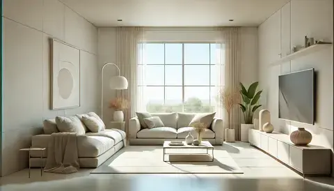 Modern minimalist living room with light colors, sleek furniture, and large windows.