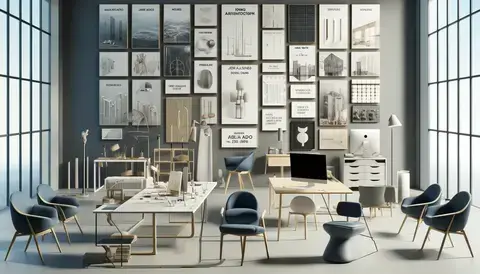 Modern workspace showcasing furniture and products inspired by notable architects and designers.