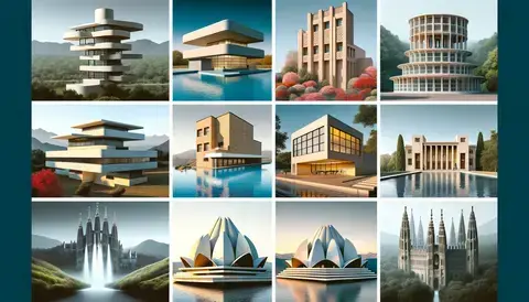 Collage of modernist buildings: Fagus Factory, Villa Savoye, Fallingwater, Seagram Building, National Museum of Western Art, Lotus Temple.