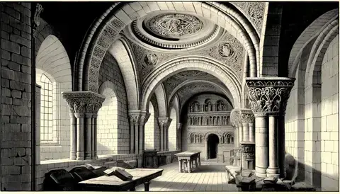 Illustration of the interior of a public library in France with Romanesque architecture.
