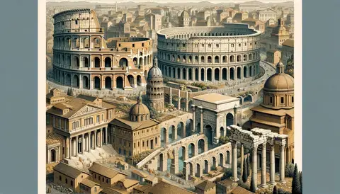 Illustration of iconic Roman architecture, including the Colosseum and Pantheon.