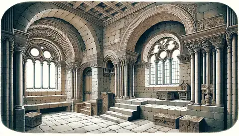 Illustration of the interior of a historic mansion in England with Romanesque architecture.