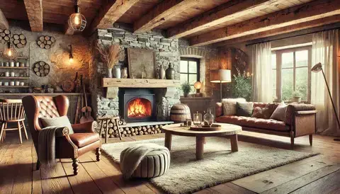 Rustic living room with stone fireplace, wooden beams, leather armchair, and reclaimed wood coffee table.