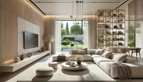 Modern living room with a light color palette, sectional sofa, sleek coffee table, and large windows.