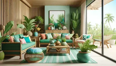 Tropical living room with bamboo furniture, rattan coffee table, large potted plants, and vibrant decor.