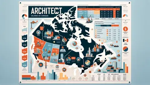 Infographic showing architect salaries across Canada with highlighted provinces and major cities.