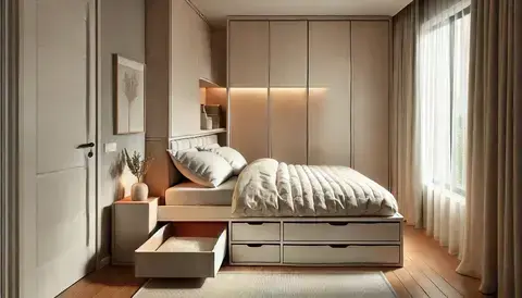 A small bedroom with a bed featuring built-in drawers for extra storage.