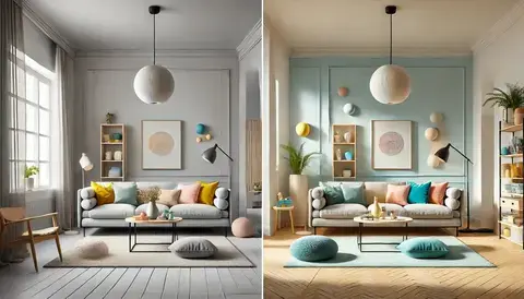  Comparison of two minimalist living rooms, one dull and one bright.