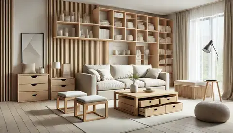 An organized living room with good use of functional furniture.