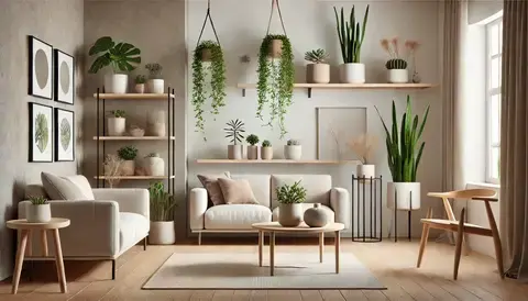 A minimalist living room with a few carefully placed potted plants.