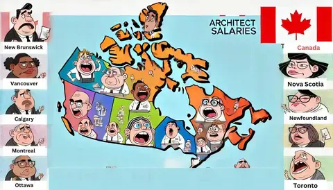 Infographic showing architect salaries across Canada with caricatured icons.