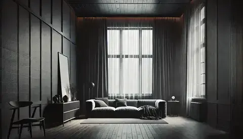 A minimalist living room with small windows, dark walls, and heavy curtains blocking natural light.