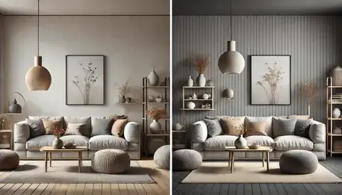 Comparison of two minimalist living rooms using neutral colors.