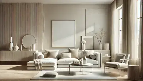 A living room with neutral-colored furniture and decor.