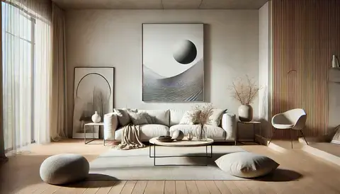 A minimalist living room with a single piece of art on the wall.