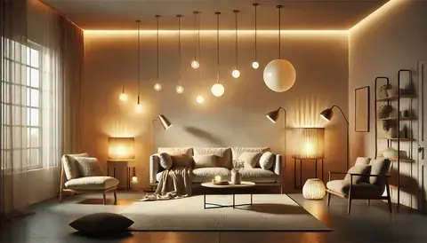 A minimalist living room with soft, warm lighting.