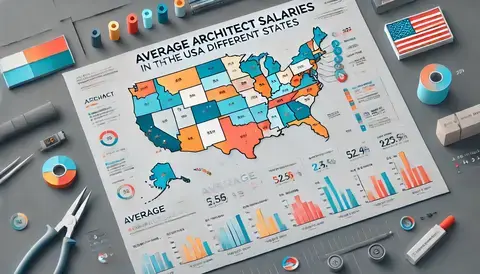 Infographic of USA showing average architect salaries by state with icons for experience, specialization, location, firm size, and market demand.
