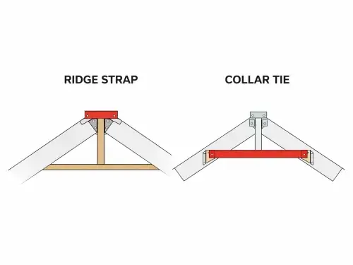 Comparison diagram showing a ridge strap at the roof peak and a collar tie below the ridge.