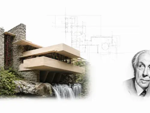 Editorial architecture header showing a modernist house, faint floor plan overlay, and an architect portrait.