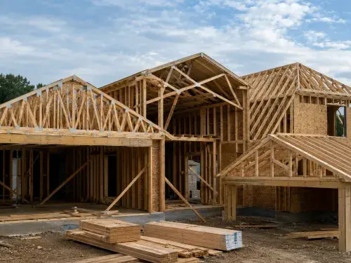 Residential house framing with several exposed roof truss shapes on an active construction site.