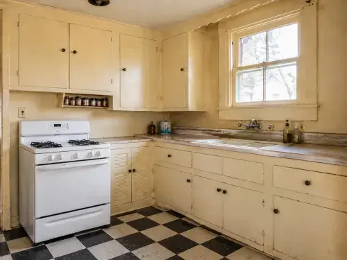 1930s-era kitchen with painted built-in cabinets, checkerboard floor, sink under a window, and later white stove.