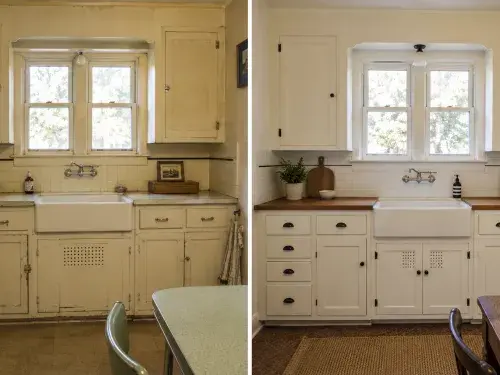 Before and after comparison of 1930s kitchen cabinets showing worn original painted built-ins beside a brighter updated kitchen that keeps the old sink-wall layout and cabinet character.