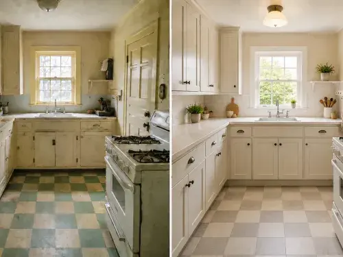 Before and after 1930s kitchen renovation showing a worn compact kitchen updated with period-aware finishes.