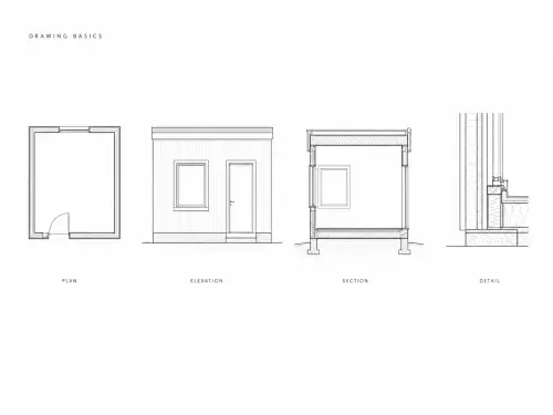 Basic architectural drawings showing a plan, elevation, section, and construction detail.