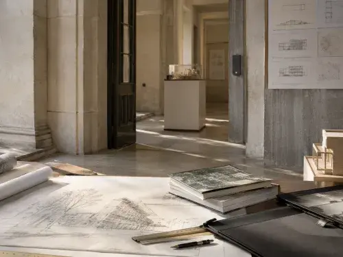 Architecture school entrance with pinned drawings, architectural models, rolled plans, books, and portfolio materials in a quiet institutional setting.