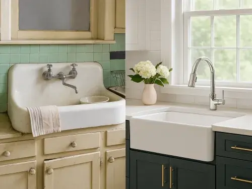 Side-by-side comparison of a 1930s kitchen sink and a modern updated version with sleek finishes.