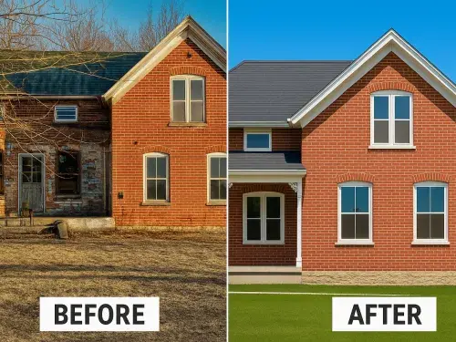 Side-by-side view of old damaged red brick house and same house fully restored.
