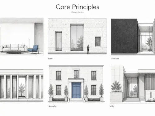Six-panel architectural diagram showing balance, scale, contrast, rhythm, hierarchy, and unity.