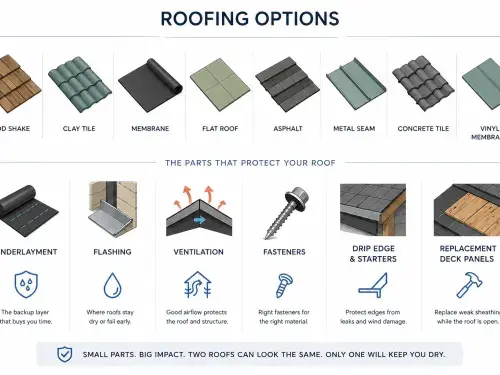 Roofing options and roof parts including underlayment, flashing, ventilation, fasteners, drip edge, and deck panels.