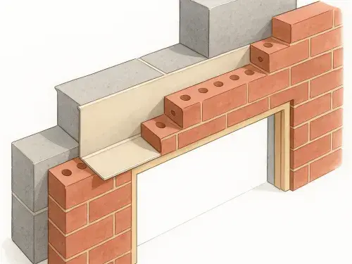 Infographic showing lintel beam installed above a window opening with labeled reinforcement and load distribution.