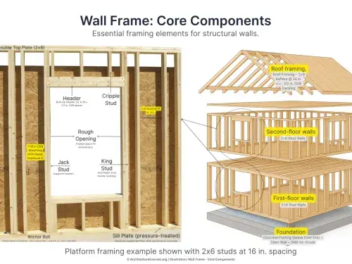 Infographic showing visual breakdown of a standard wood wall frame with labeled studs, plates, and sheathing.