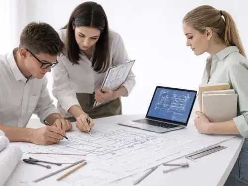 Young architectural assistants collaborating over detailed floor plans at a large white table with a laptop and drafting tools.