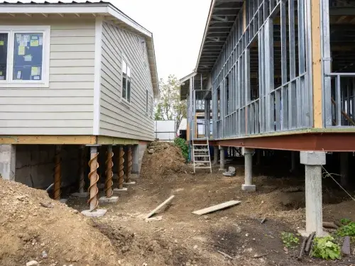 Raised houses supported by helical piles and piers on an active construction site.