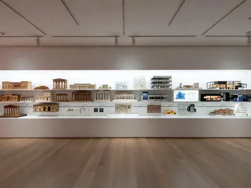 Museum exhibition showing architecture models and drawings from ancient classical forms to modern buildings.
