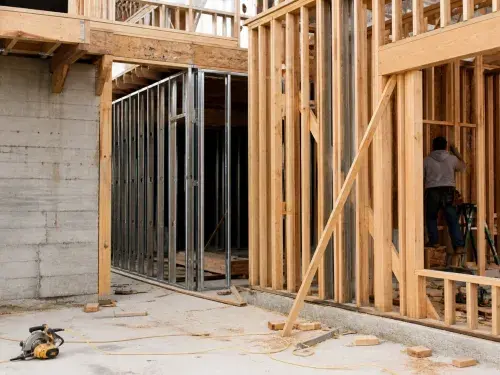 Wood framing, steel studs, and concrete wall construction shown together on a jobsite.
