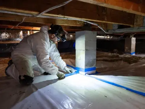 Worker sealing a crawl space vapor barrier around a support pier with taped seams.
